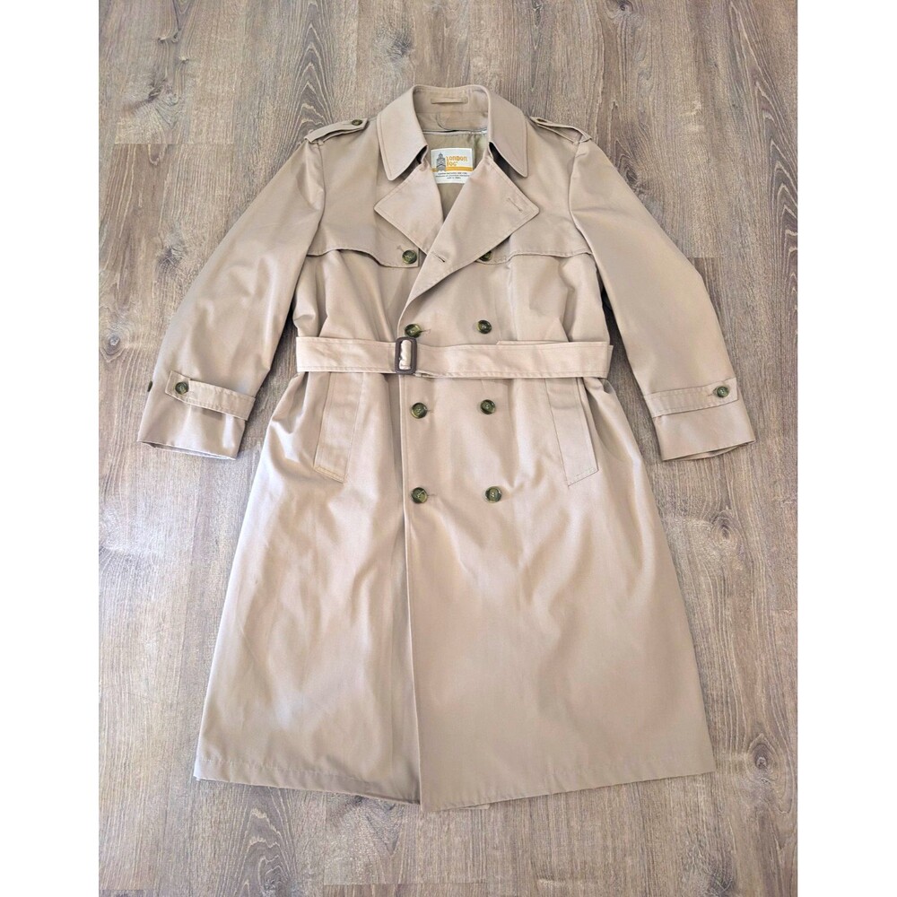 Vintage London Fog Trench Coat Mens 42 Reg Beige Double Breasted Zip Out Liner